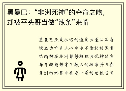 黑曼巴：“非洲死神”的夺命之吻，却被平头哥当做“辣条”来啃